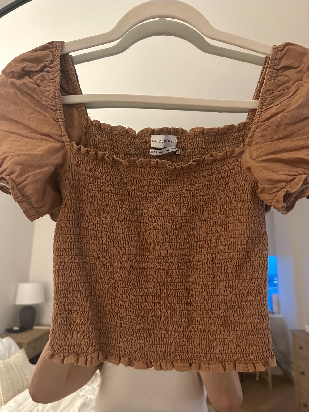Urban Outfitters Rust Brown Smocked Puff-Sleeve Crop Top